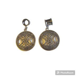 00G Crescent Moon Pentacle Tunnels Dangle Earrings